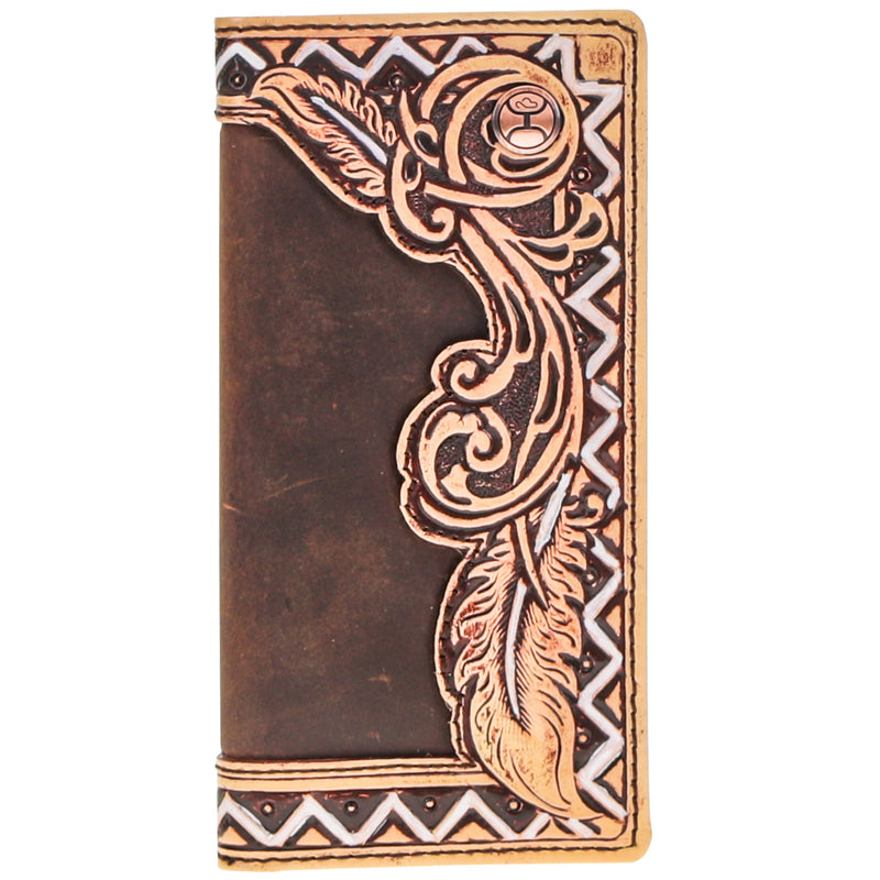 dark brown and natural leather, tooled bi-fold