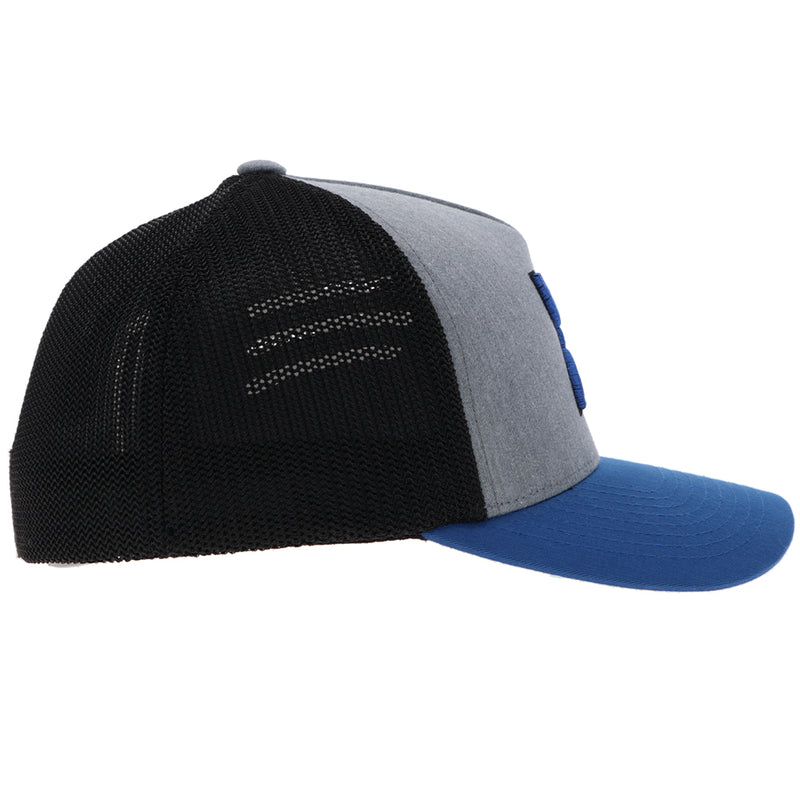 right side of the Blue, black, and grey Coach hat