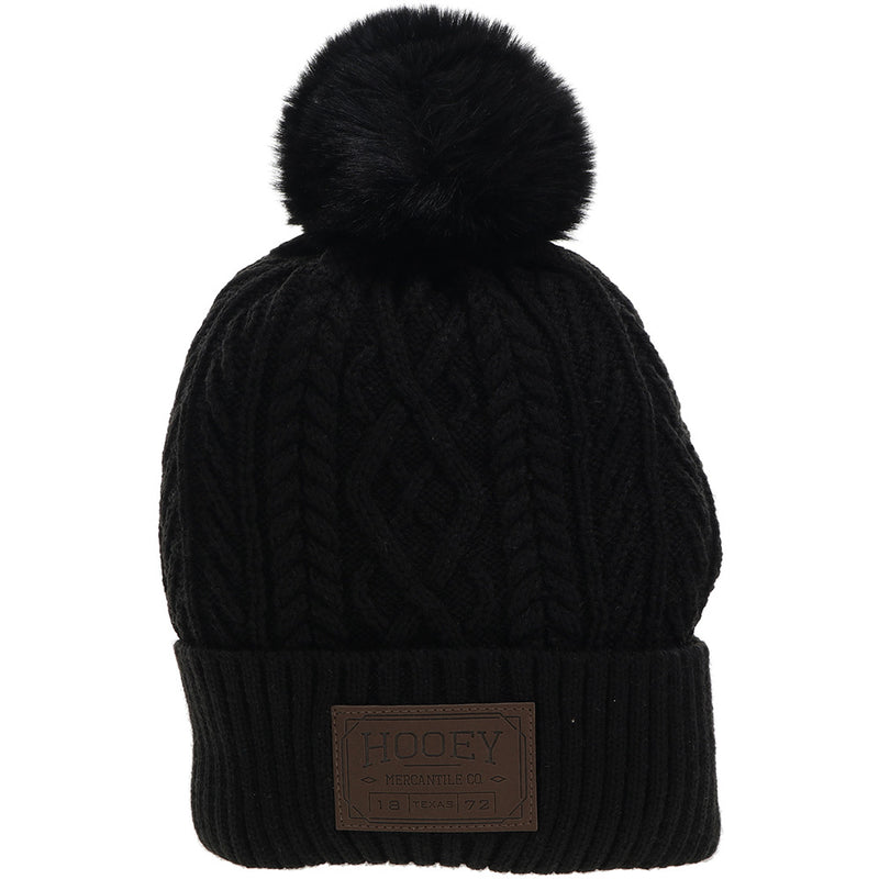 "Hooey Beanie" Black w/Leather Patch & Pom Pom