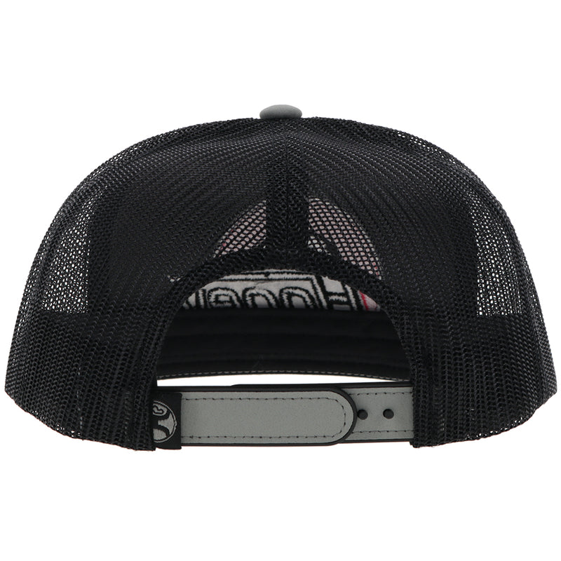 the back of a black and grey hooey hat with black mesh and grey snap bands