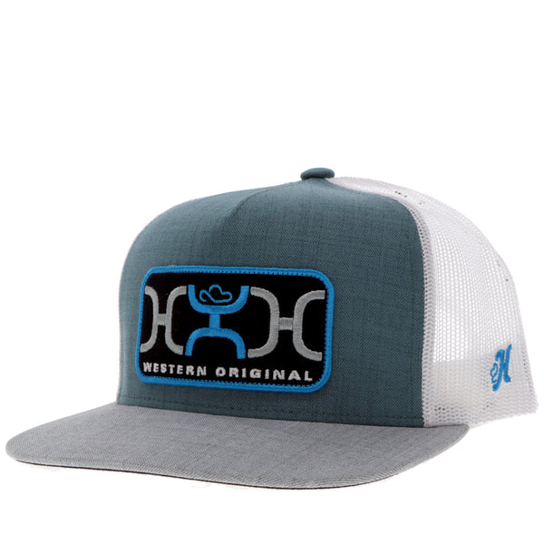 front of heather grey, teal, and white hat with teal, grey, black Western Original patch