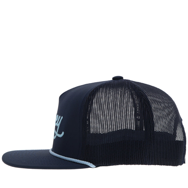 left side of navy and light blue hooey hat