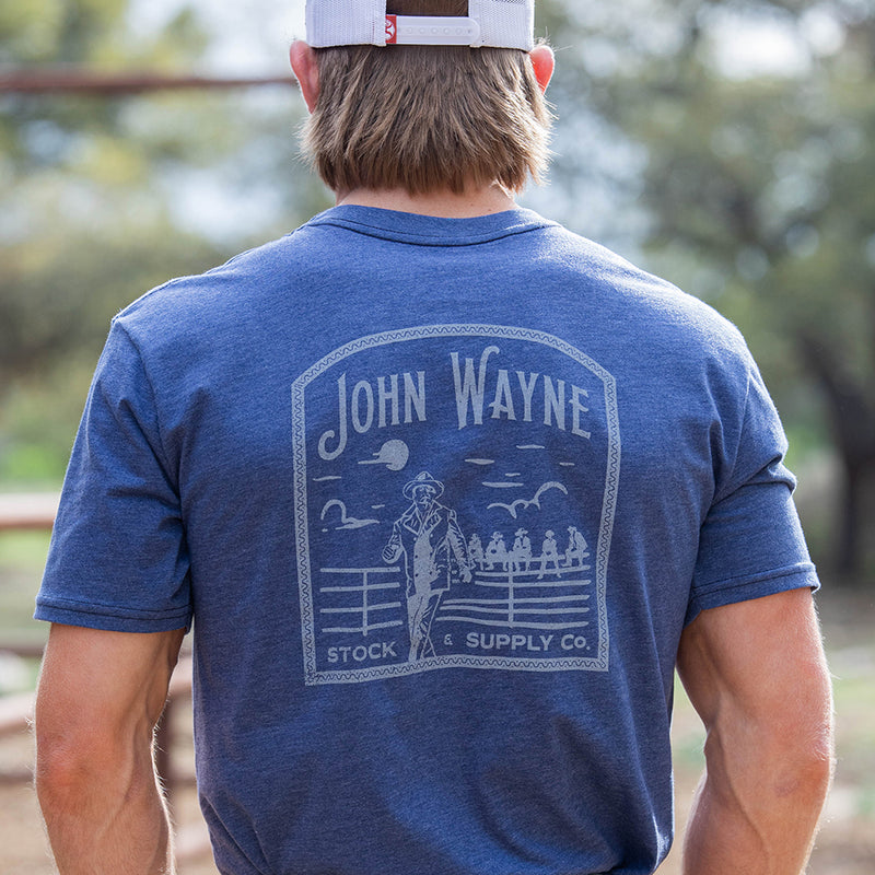 back of the john wayne navy tee on male model