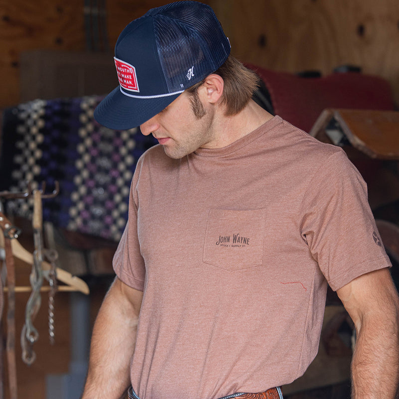 example of the John Wayne light brown tee on a model