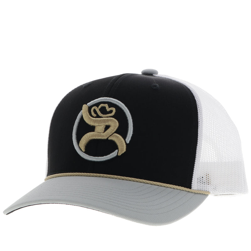 "Strap" Roughy Hat Black/White w/Gold & Grey Patch