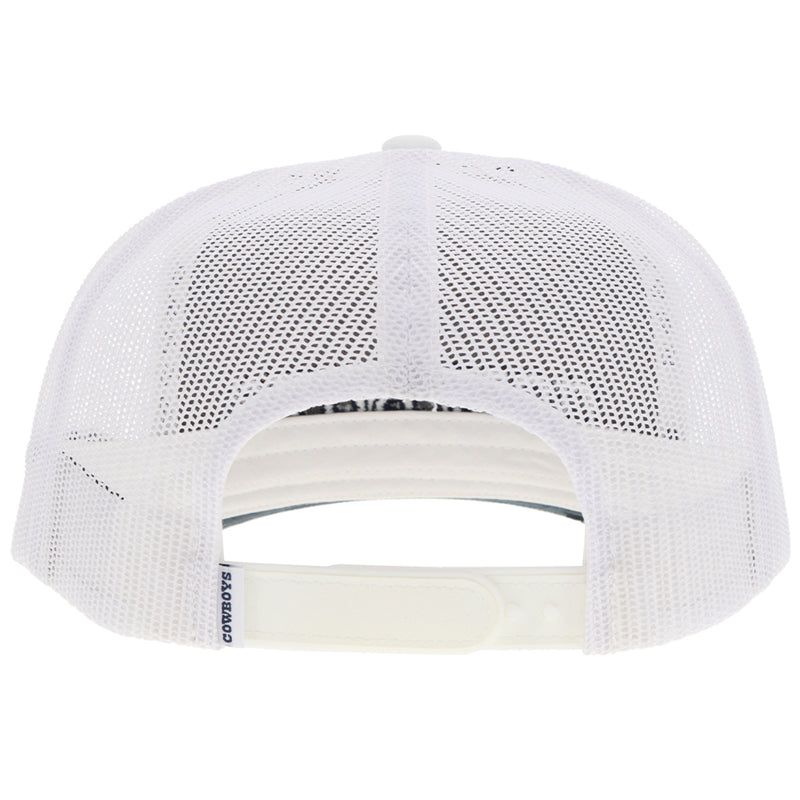 back of white on white Dallas Cowboys x Hooey hat with blue and white cowboys tag