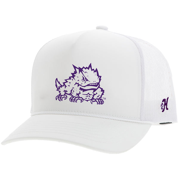 solid white with purple horned front patch TCU x Hooey hat