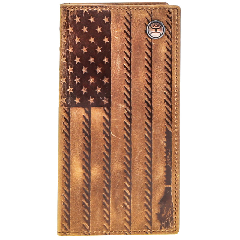 Distressed leather American flag bifold wallet with metal logo button