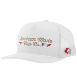 American Made Cap Co hat in white with red, blue, and gold embroidered details