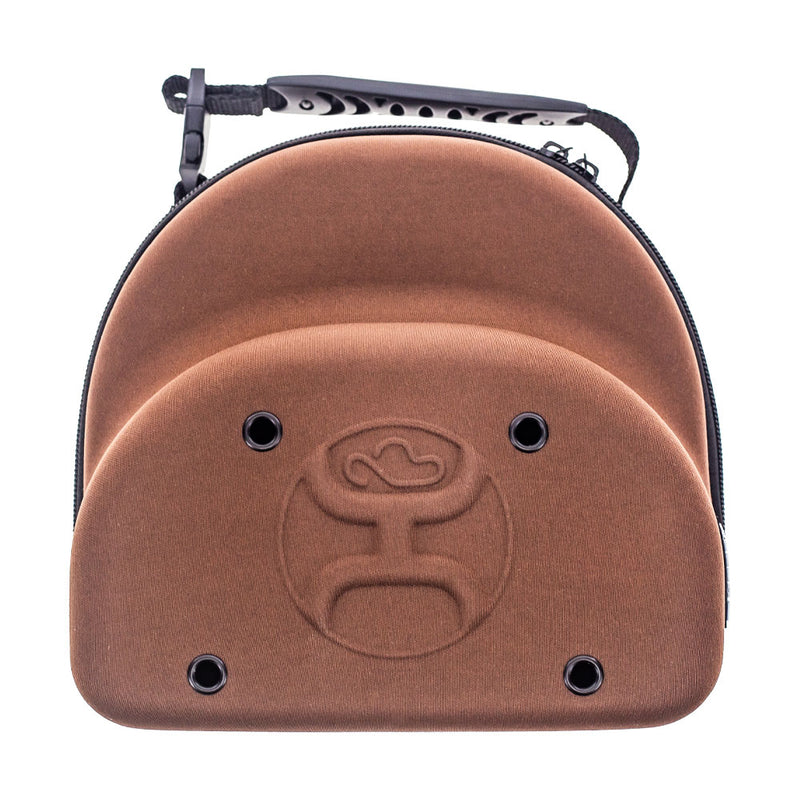 top of brown hooey cap carrier with logo