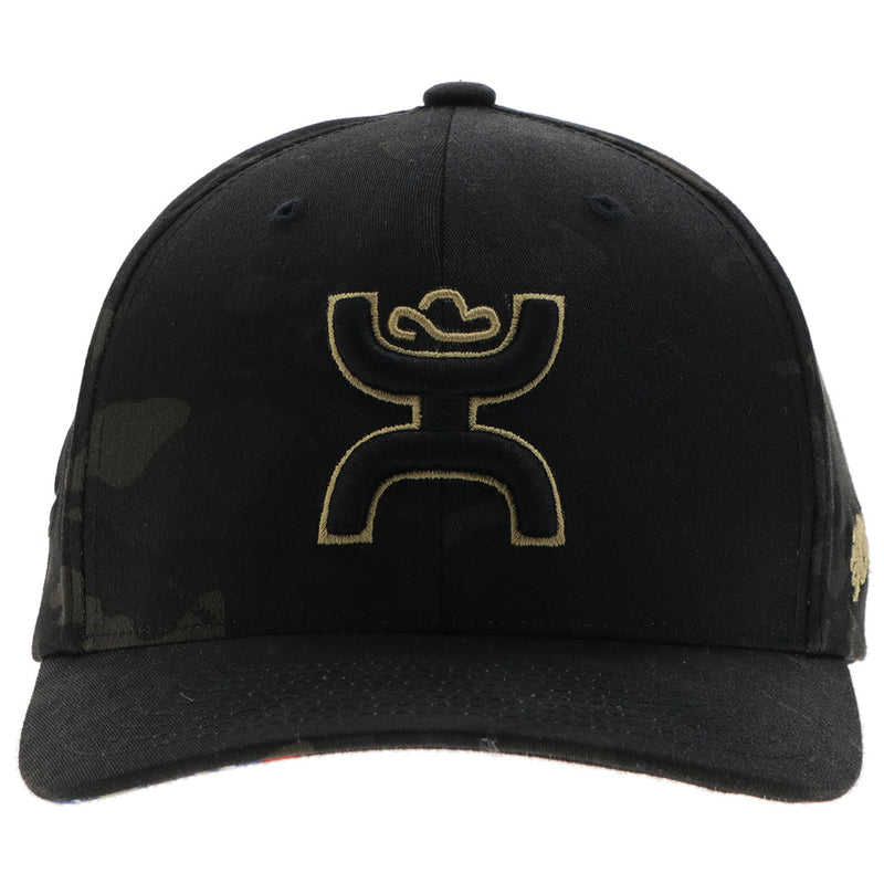 front of the black camo Hooey hat