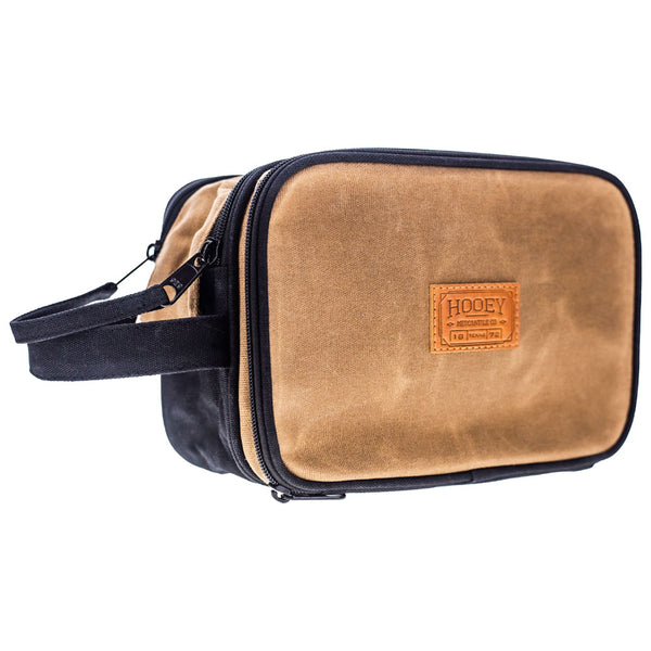 Hooey brown suade pouch with black straps, pocket, and zipper