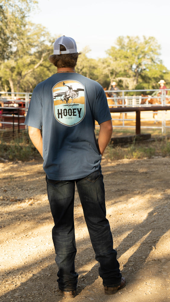 back of blue cheyenne hooey tee worn by male model