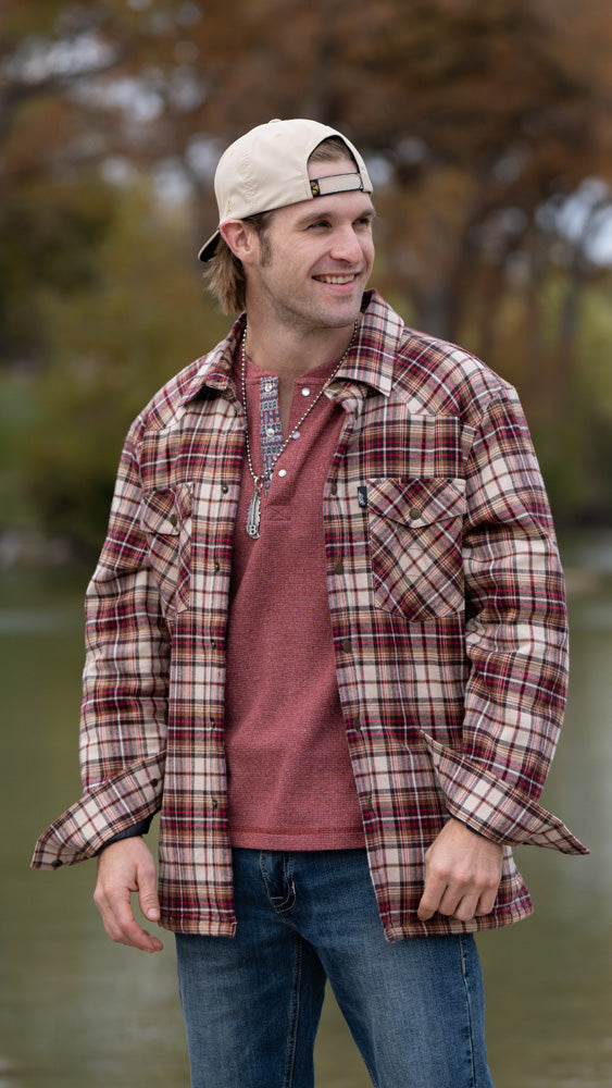 "Men's Flannel Jacket" Tan/Red Plaid w/Cream Sherpa