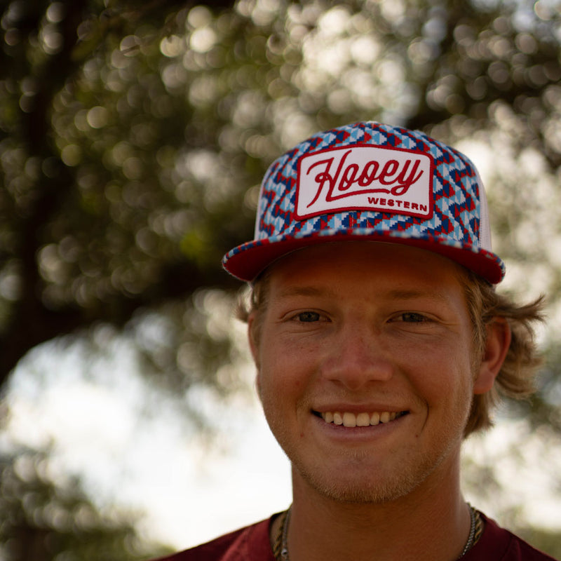 red, white, blue Hooey hat worn by male model