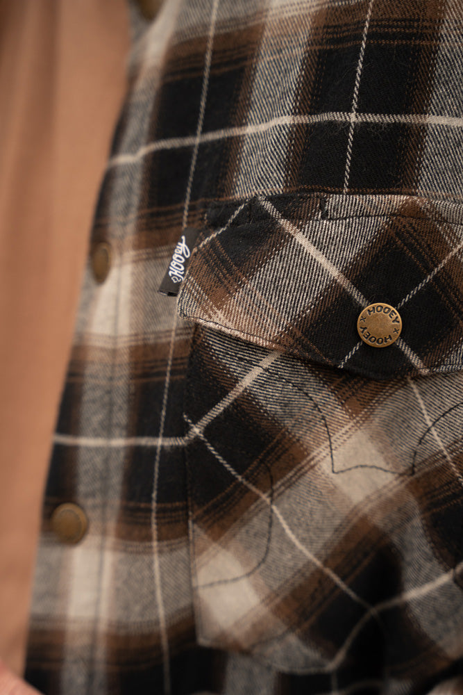 Close-up image of black gray and brown plaid Shacket