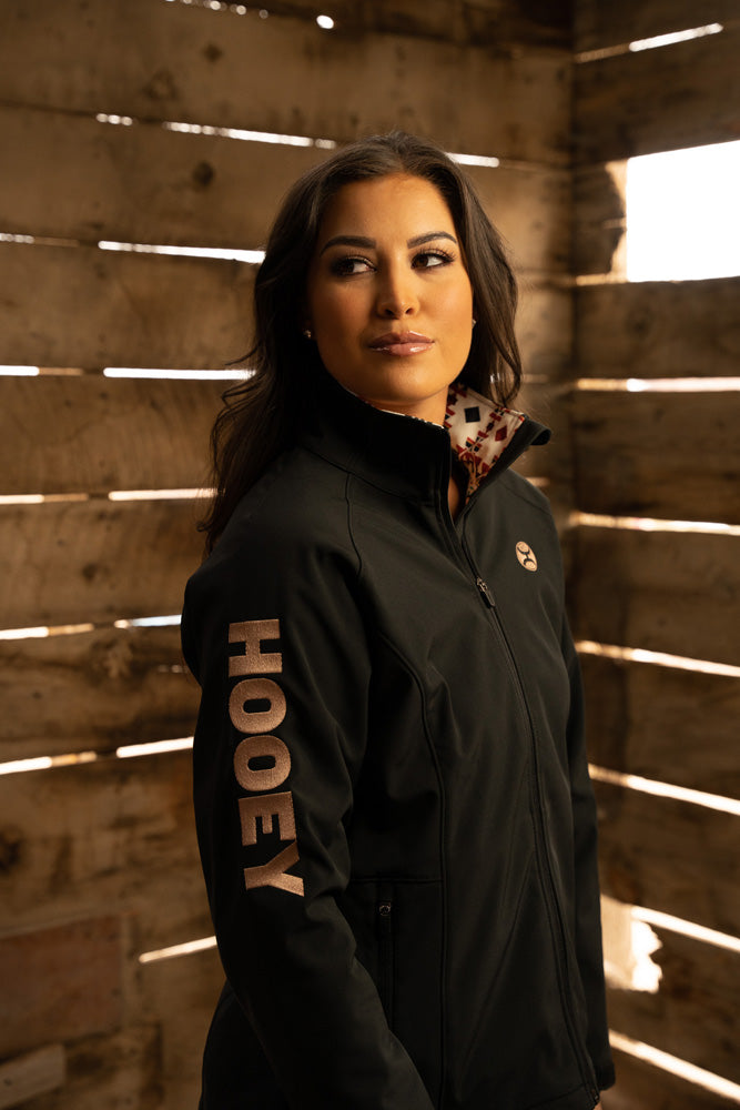 "Ladies Softshell Jacket" Black w/Multi Color Pattern Lining