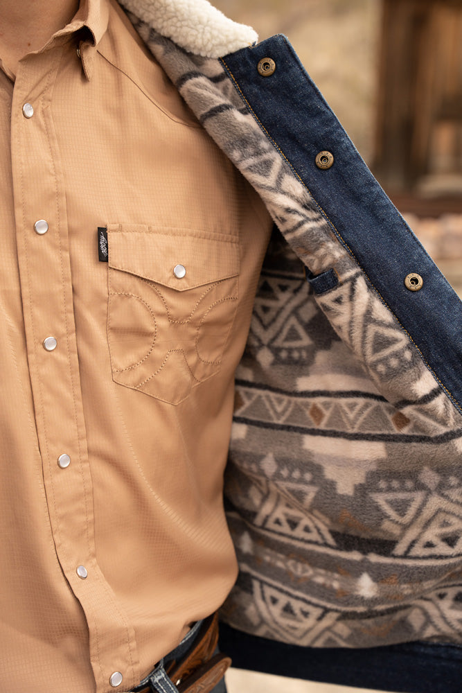 Hooey Denim Jacket in blue with cream sherpa lining