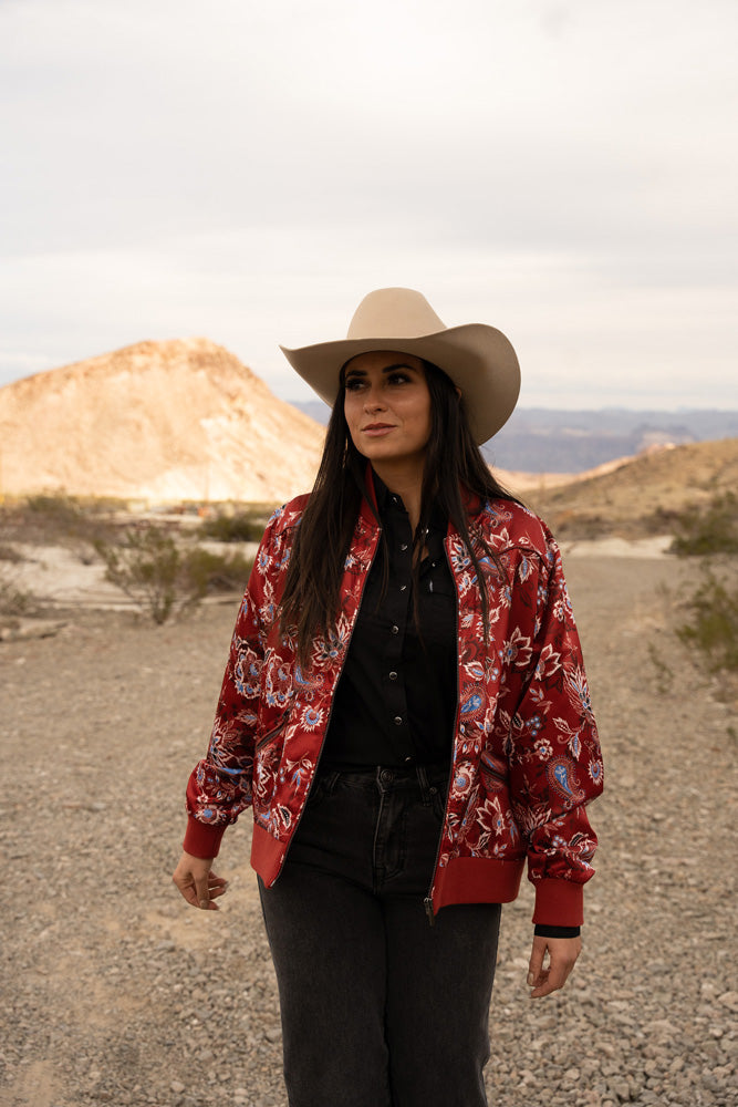 "Hooey Ladies Bomber Jacket" Red w/Floral