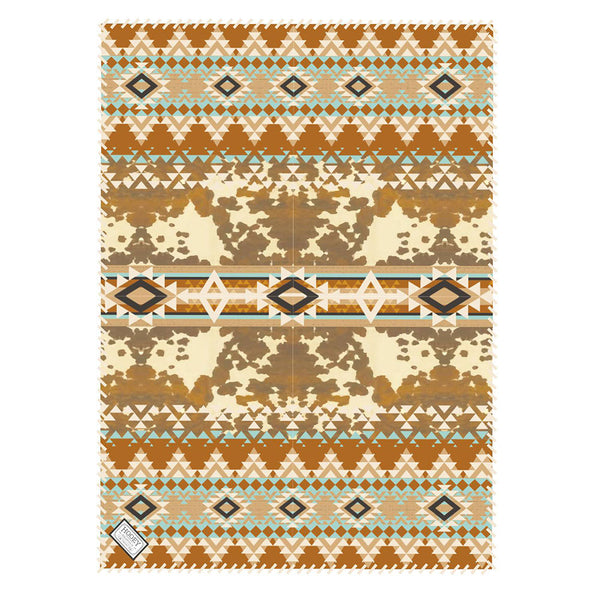 brown, turquoise, cream aztec and cow print rug