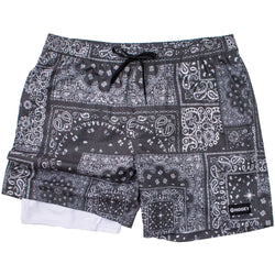 "Bigwake" Black/White Bandana Pattern Board Shorts w/ Liner