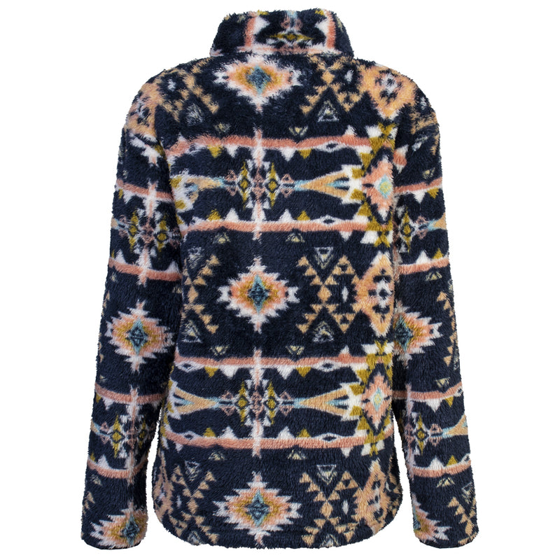 navy, turquoise, gold, pink Aztec pattern fleece pullover back view