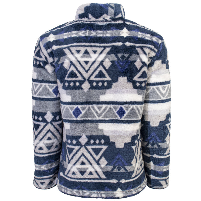 navy, grey, white multi pattern fleece pullover back view