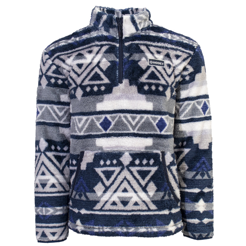 navy, grey, white multi pattern fleece pullover front