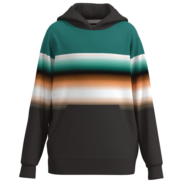 hero image of hooey hoody with grey/teal/ white/orange gradient striped pattern