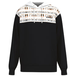 hero image of black and white hooey hoody with orange and black aztec pattern