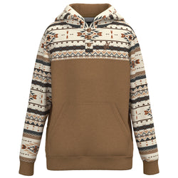 hero image of medium brown hoody with white/brown/tan Aztec pattern on sleeves, hood, and collar