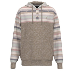 Jimmy tan hoody with pink, blue, navy, teal, tan, cream serape pattern on collar and sleeves