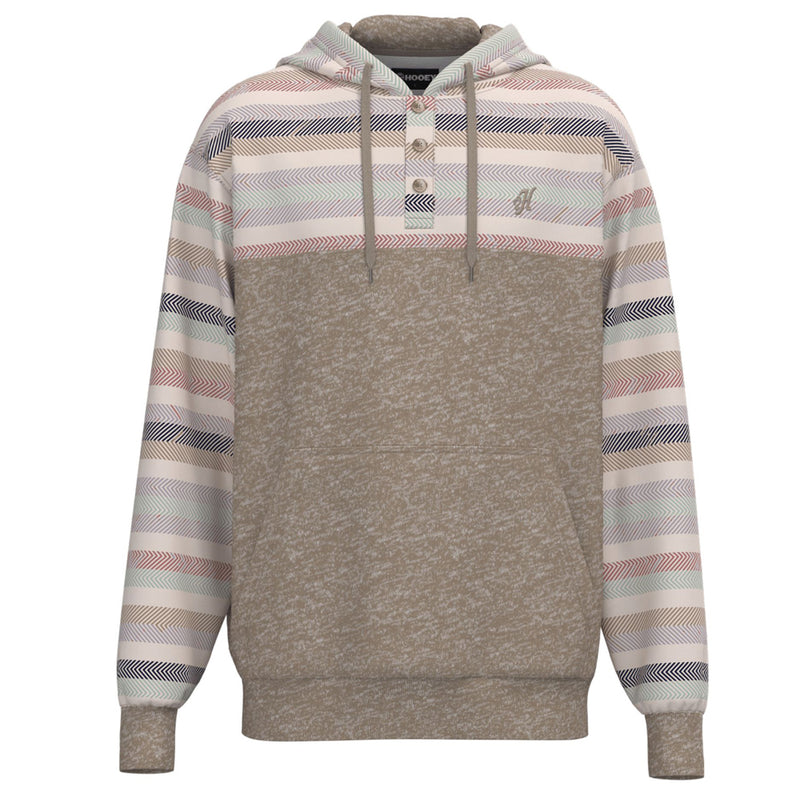 Jimmy tan hoody with pink, blue, navy, teal, tan, cream serape pattern on collar and sleeves