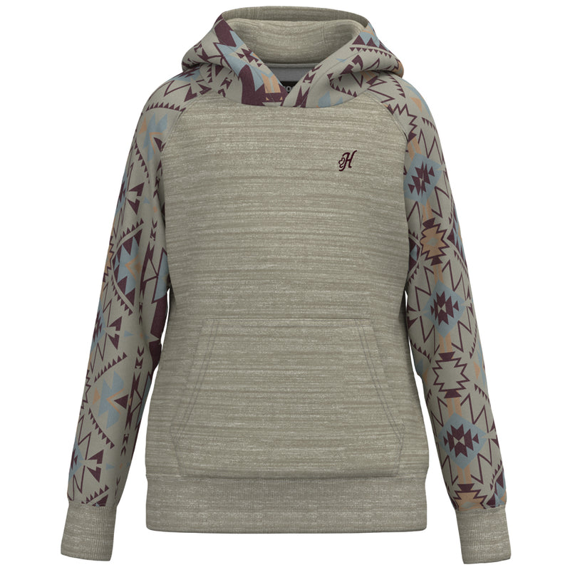 hero image of heather grey hooey with back Aztec pattern on sleeves