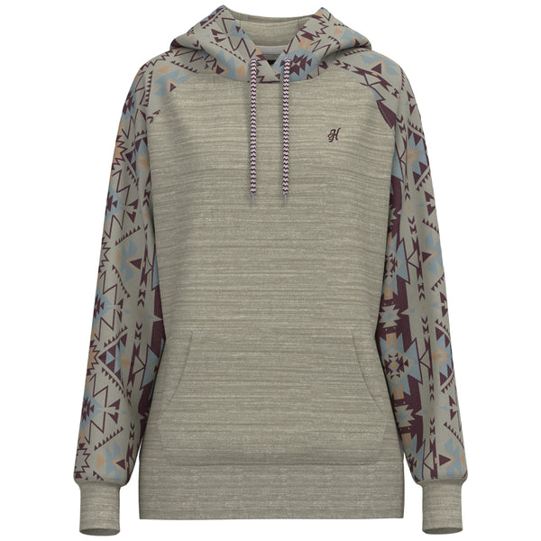 hero image of heather grey hoody with dark grey/teal/orange Aztec pattern on sleeves and hood