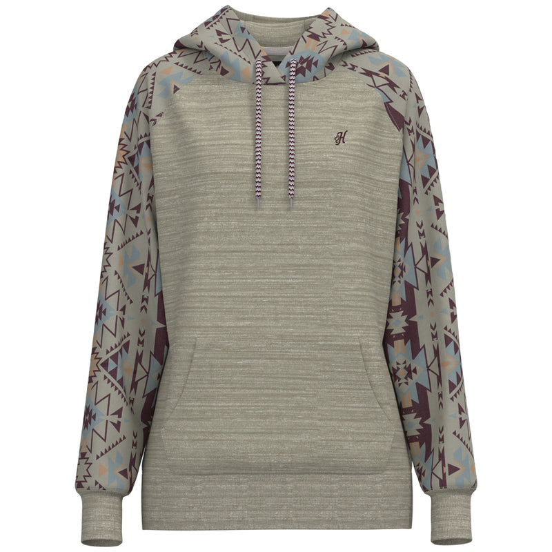 hero image of heather grey hoody with dark grey/teal/orange Aztec pattern on sleeves and hood