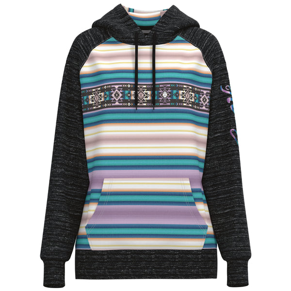 hero image of hooey hoody with charcoal heather sleeves and hems, with purple/white/blue/orange serape pattern 