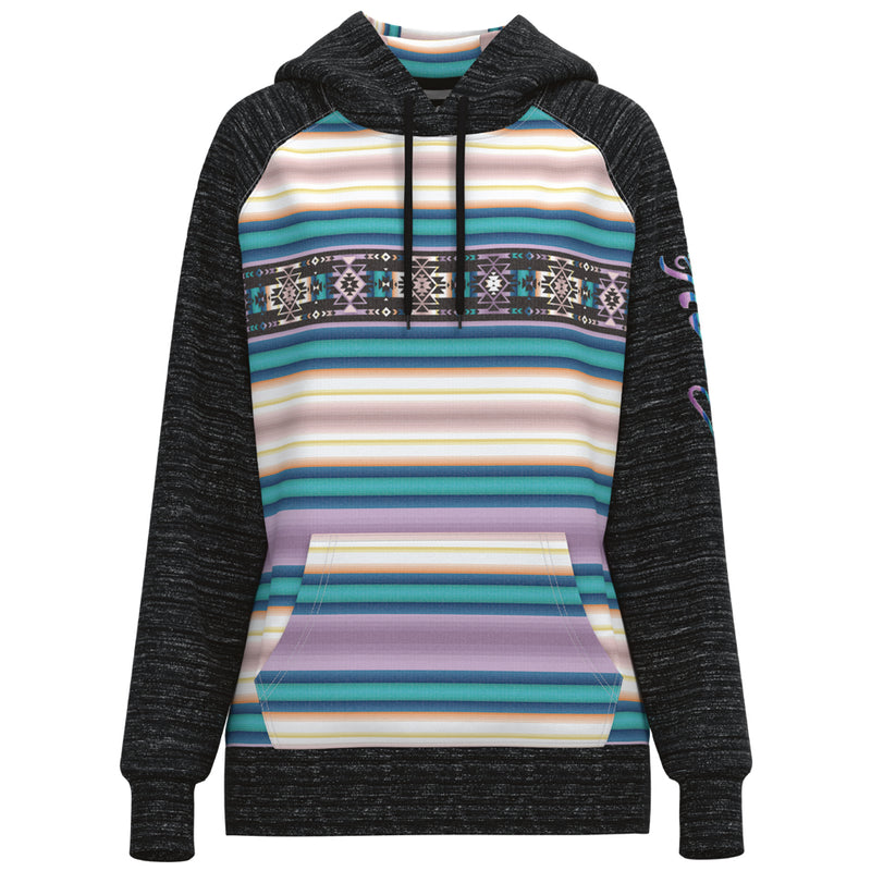 hero image of hooey hoody with charcoal heather sleeves and hems, with purple/white/blue/orange serape pattern 