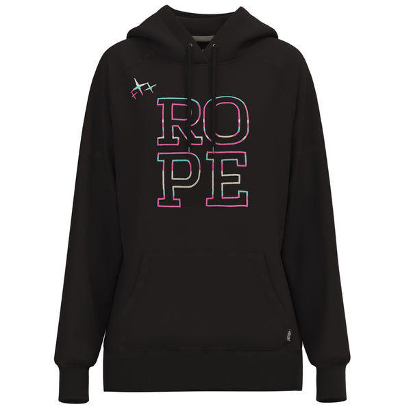 Rope Like A Girl black hoody with multi colored outline logo