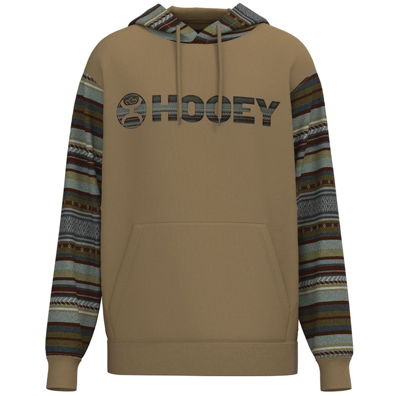 hero image of tan hooey hoody with brown/.grey/tan striped aztec pattern on sleeves and hood