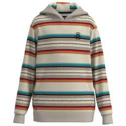 hero image of white Hooey hoody with blue/orange/red/black stripe pattern 