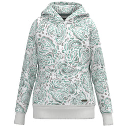 hero image of white hoody with grey and blue bandana pattern 