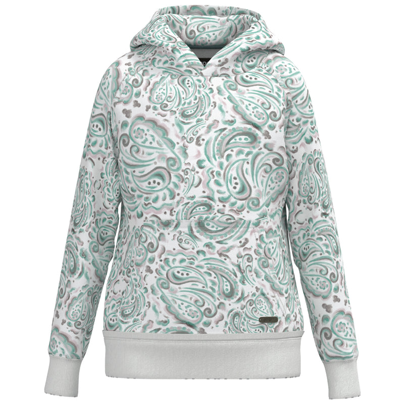 hero image of white hoody with grey and blue bandana pattern 