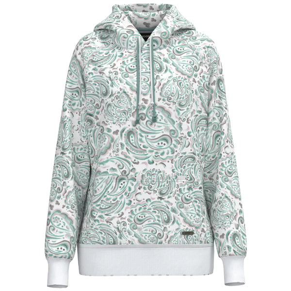 hero image of white hooey hoody with grey and teal bandana pattern