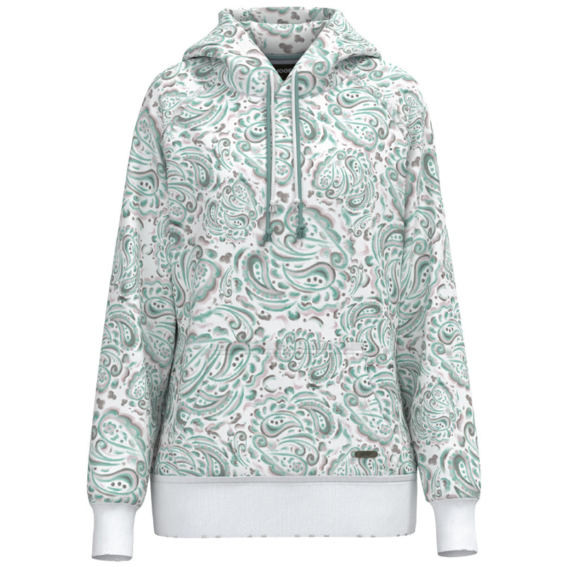 hero image of white hooey hoody with grey and teal bandana pattern