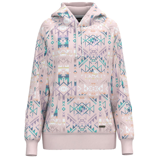 hero image of pink hooey hoody with purple/blue/white Aztec pattern