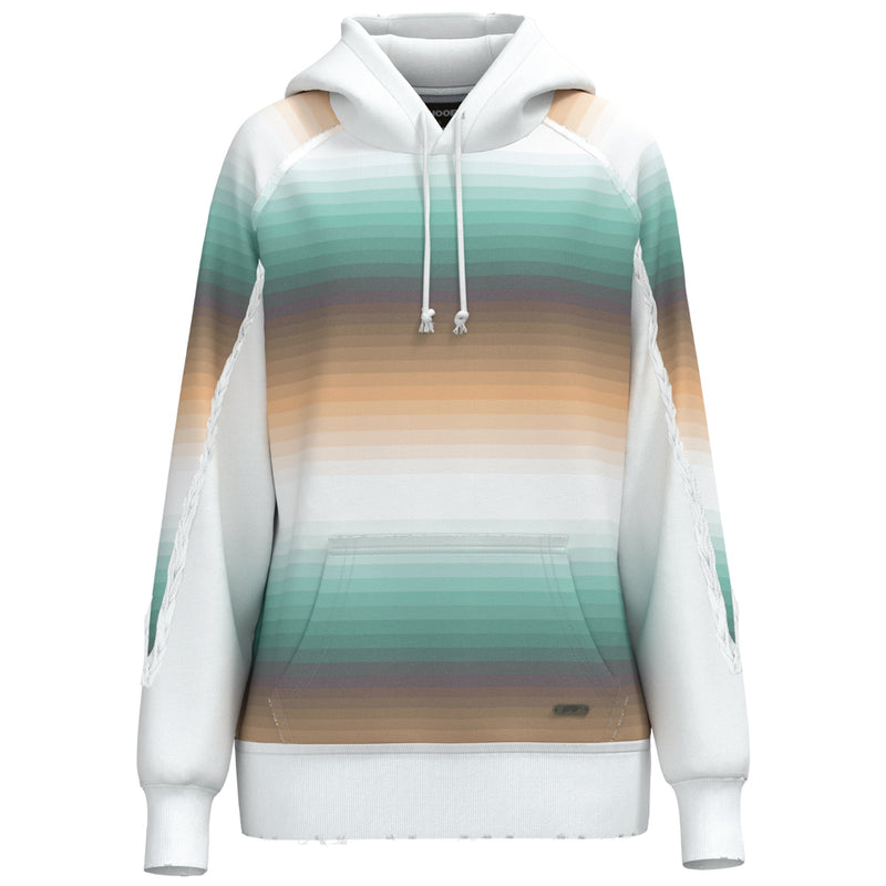 hero image of white hooey hoody with teal/purple/orange gradient pattern