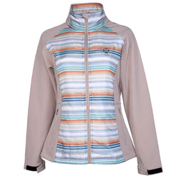 grey jacket with purple, turquoise, rust, white serape stripes on back and front