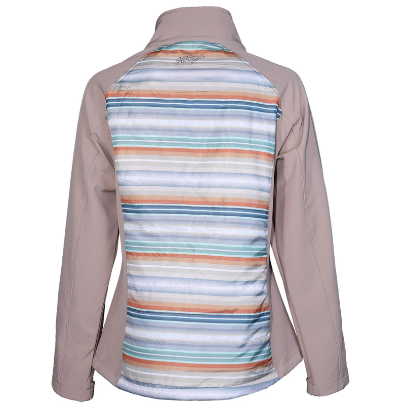 youth girls softshell jacket in tan with blue, orange, yellow, white serape pattern