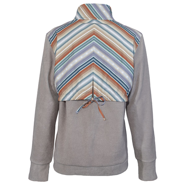 heather grey jacket with rust, purple, white, blue serape stripe water proof flap